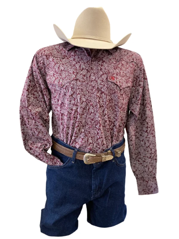 men clothing fleece-lined pants-Men's Rodeo Burgundy & White Paisley Western Shirt