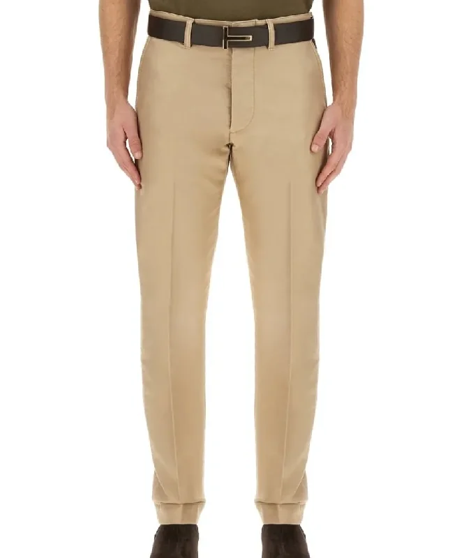 men clothing light sweater-Tom Ford Mens Logo Patch Straight Leg Tailored Trousers in Beige