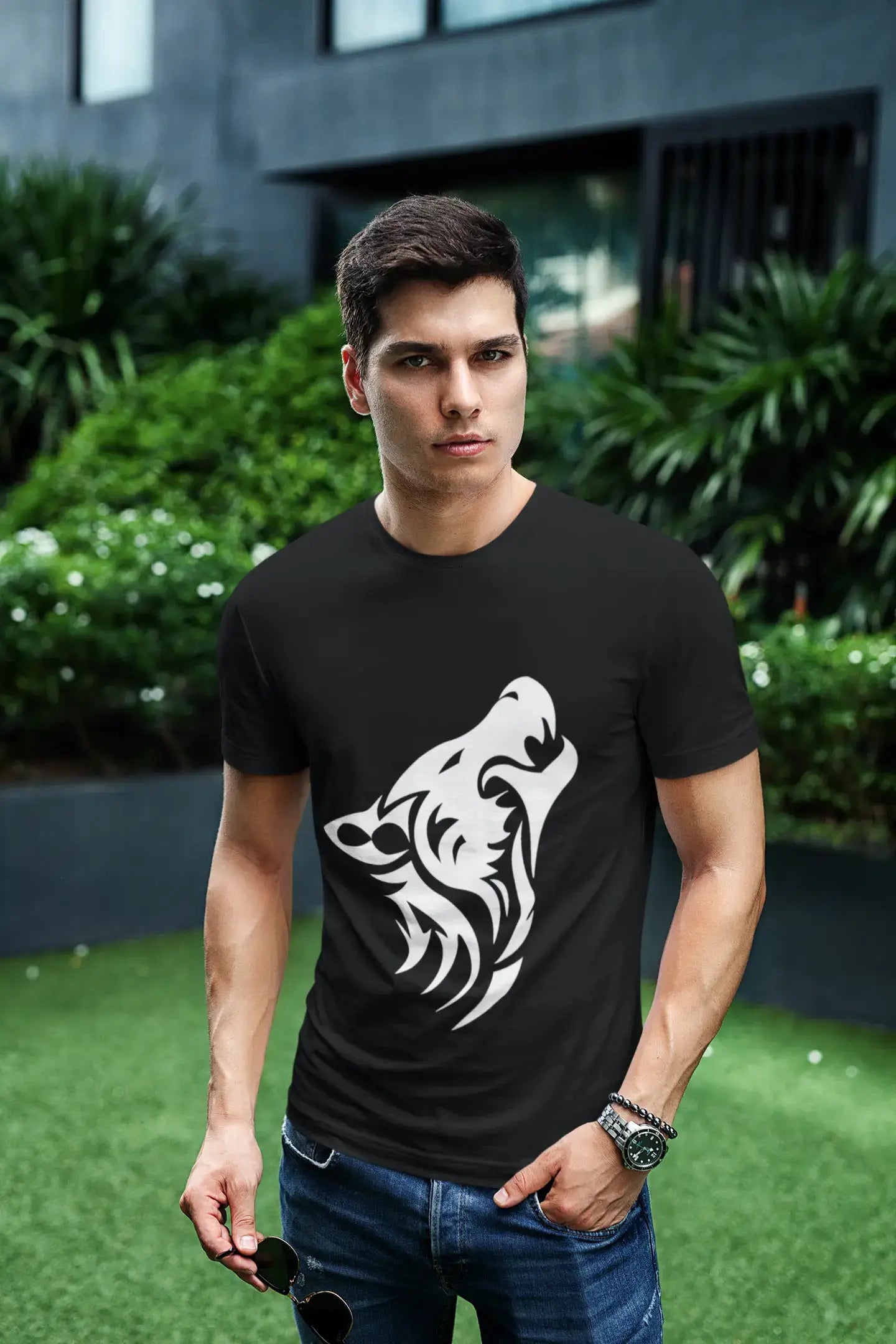 men clothing dress pants-Wolf Tribal Tattoo Black, Gift T shirt, Men's tee, Black Round Neck 00166