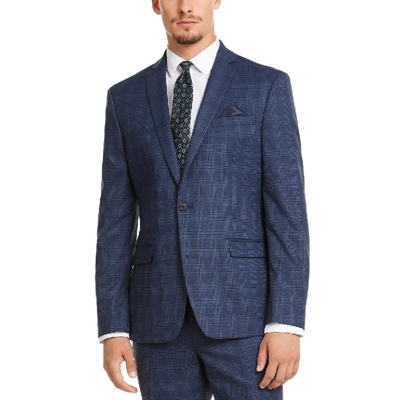 men clothing casual jacket-Bar III Men's Slim-Fit Stretch Blue Plaid Suit Jacket Navy Size 40