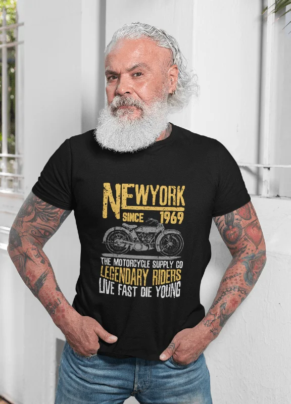 men clothing cotton t-shirt-Men's Graphic T-Shirt Vintage Tee New York Motorcycle Since 1969 Deep Black Round Neck