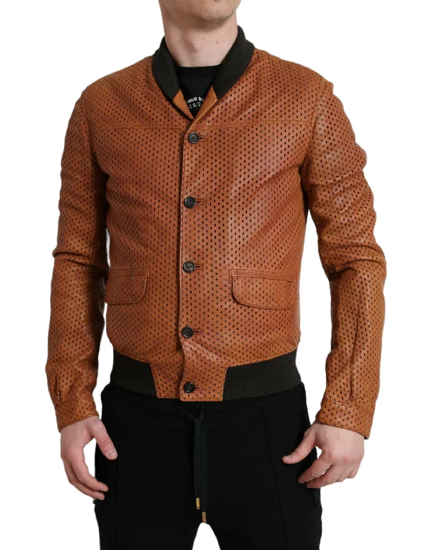 men clothing casual trousers-Dolce & Gabbana Elegant Leather Perforated Bomber Men's Jacket