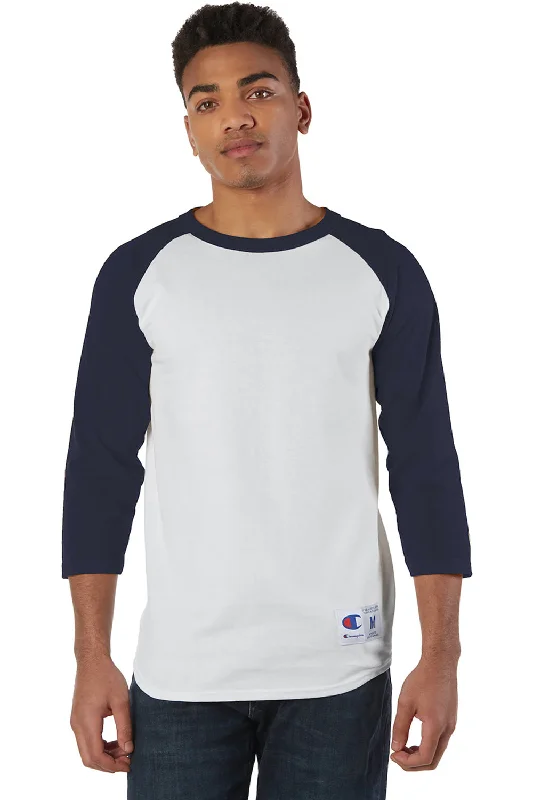 men clothing zip-up cardigan-Champion Mens 3/4 Sleeve Crewneck T-Shirt - White/Navy Blue