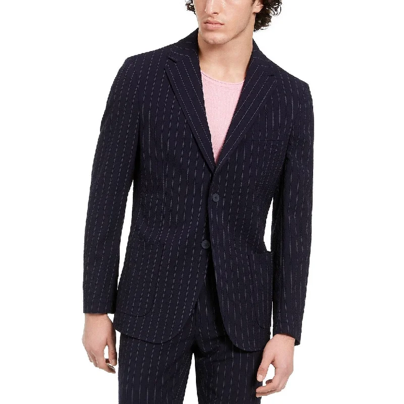 men clothing vest jacket-DKNY Men's Slim-Fit Stretch Navy Blue Seersucker Stripe Suit Jacket Blue Size 38