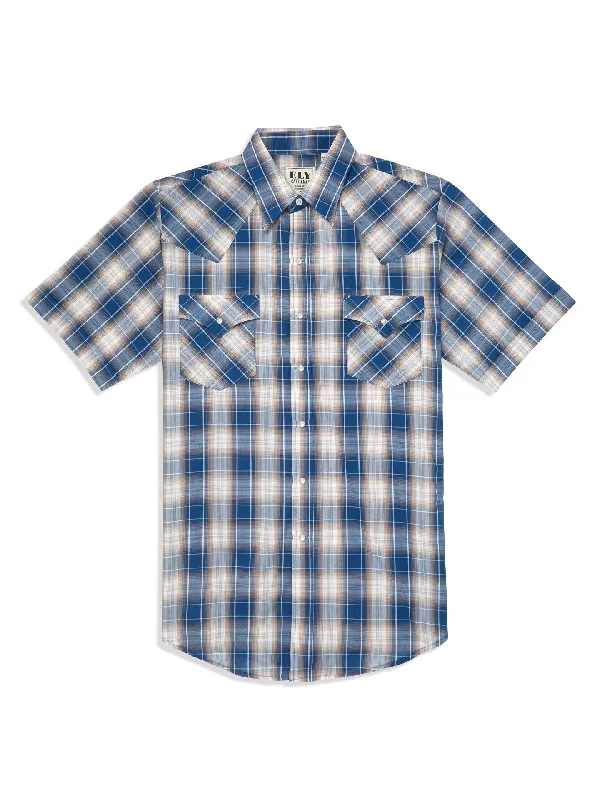 men clothing wool sweater-Denim Blue & White Plaid Short Sleeve Shirt