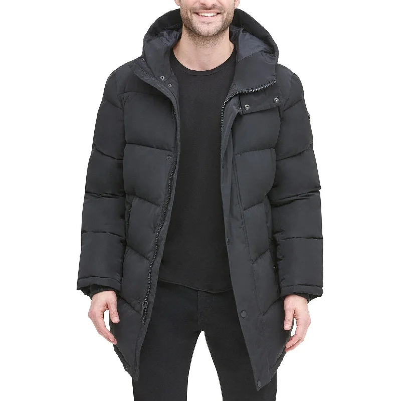 men clothing casual chinos-DKNY Men's Quilted Water Resistant Hooded City Full Length Parka Jacket Black Size X-Large