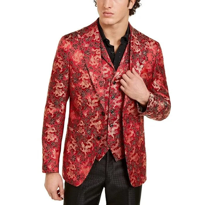 men clothing casual vest-Tallia Men's Orange Slim Fit Red Gold Floral Dragon Evening Jacket Red Size 42