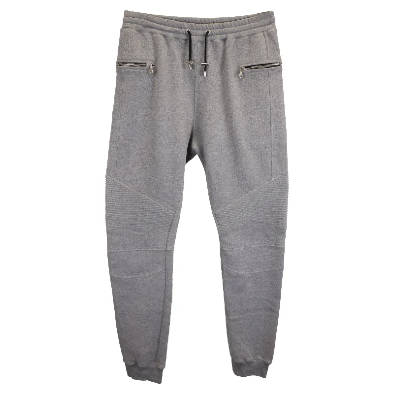 men clothing warm jacket-Balmain Biker Jogging Pants in Grey Cotton