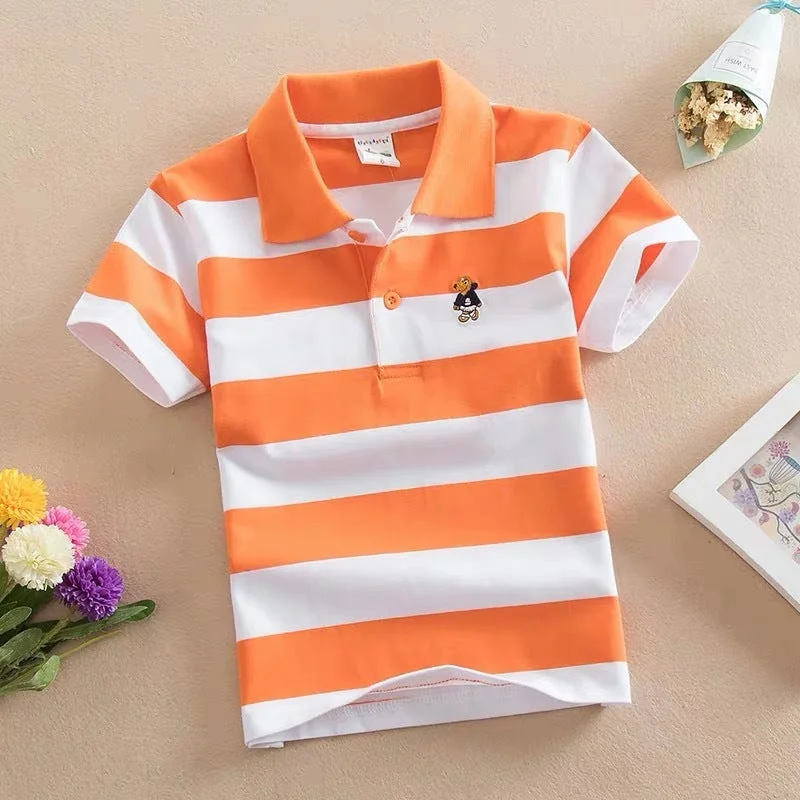 men clothing basic white shirt-CUHK Children's T-shirt Cotton Striped Lapel Polo Shirt