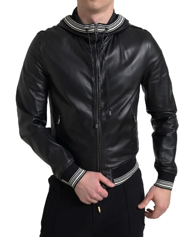 men clothing denim jeans-Dolce & Gabbana Elegant  Leather Bomber Men's Jacket