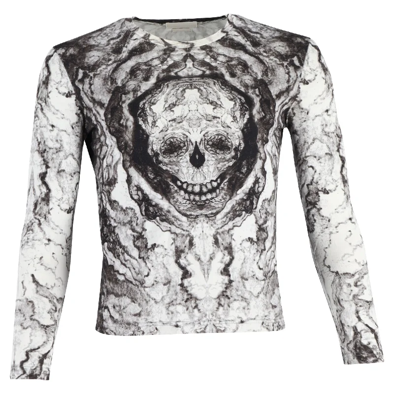 men clothing athletic jacket-Alexander McQueen Skull-Print Long-Sleeve Tee in White Cotton