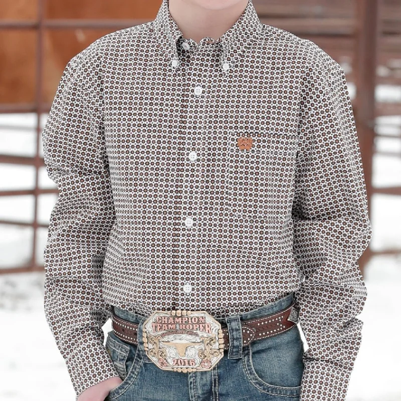 men clothing winter sweater-Cinch Boy's White Geometric Print Button Down Western Shirt