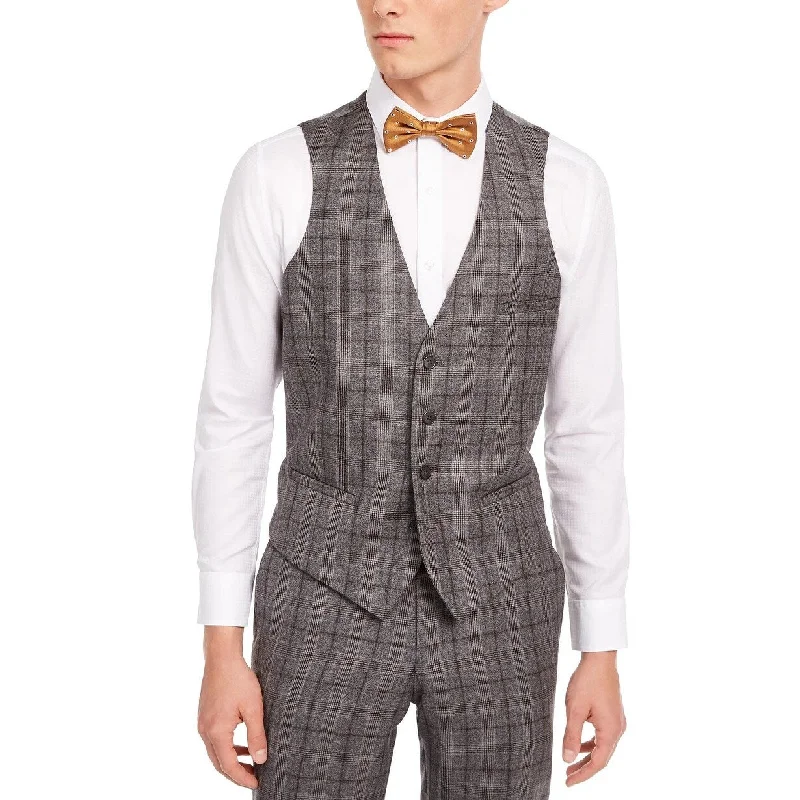 men clothing casual blazer-Bar III Men's Slim-Fit Gray/Brown Plaid Suit Separate Vest Gray Size X-Large