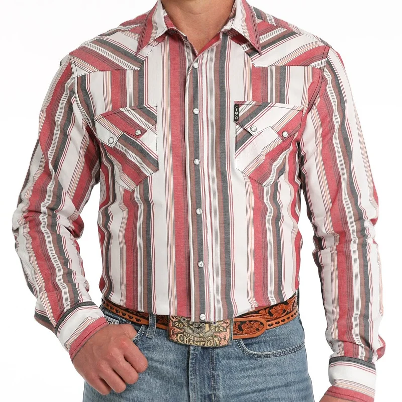 men clothing formal wear-Cinch Men's Modern Fit Striped Western Snap Shirt in White