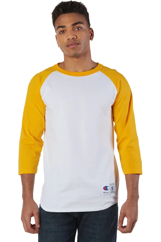 men clothing fleece hoodie-Champion Mens 3/4 Sleeve Crewneck T-Shirt - White/Gold