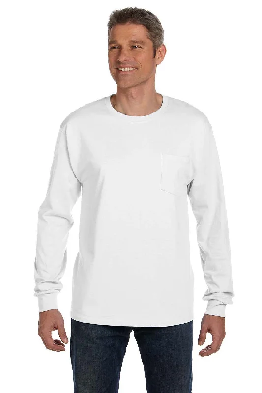 men clothing vintage t-shirt-Hanes Mens ComfortSoft Long Sleeve Crewneck T-Shirt w/ Pocket - White