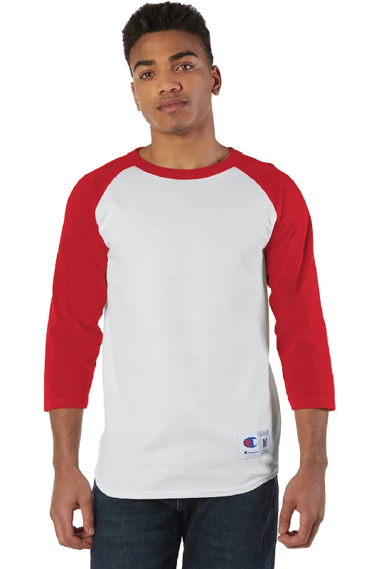 men clothing winter coat-Champion Mens 3/4 Sleeve Crewneck T-Shirt - White/Scarlet Red