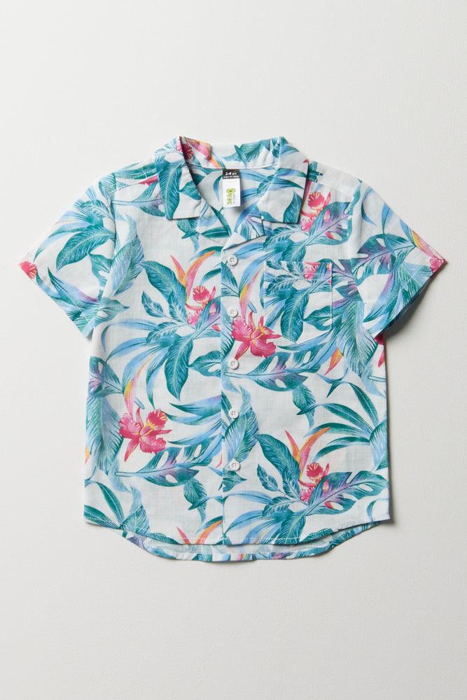 men clothing summer shirt-Tropical Short Sleeve Shirt White