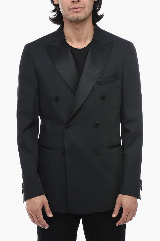 men clothing wool sweater-Corneliani CC COLLECTION Satin REWARD Blazer with Peak Lapel