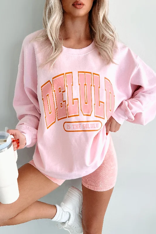 men clothing graphic t-shirt-"Delulu Is The Solulu" Graphic Sweatshirt (Light Pink)