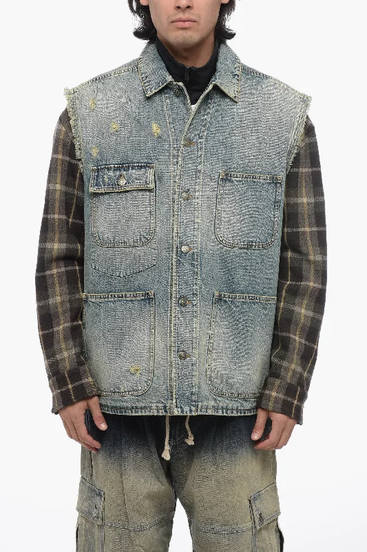 men clothing polo shirt-Gucci Denim Jacket With Checkered Wool Sleeves