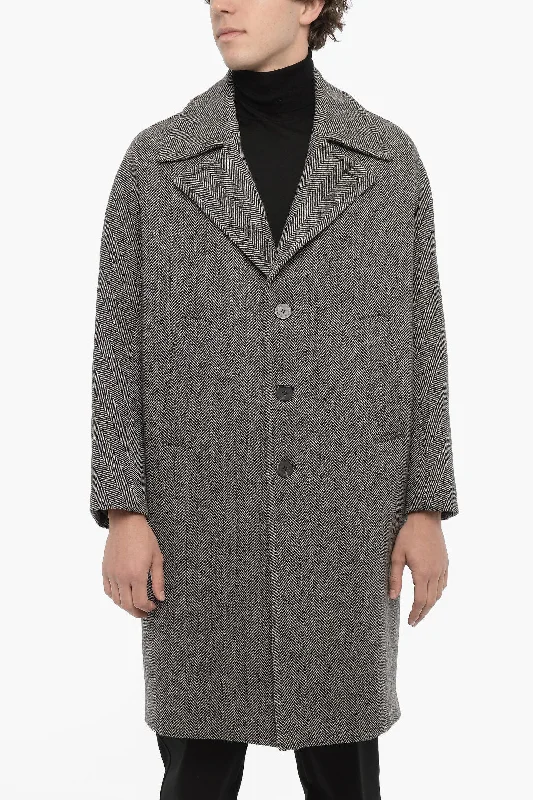 men clothing basic white shirt-Neil Barrett Herringbone Virgin Wool Oversized Coat