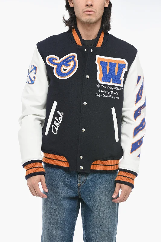 men clothing athletic joggers-Off-White Leather Varsity Bomber with Patchwork