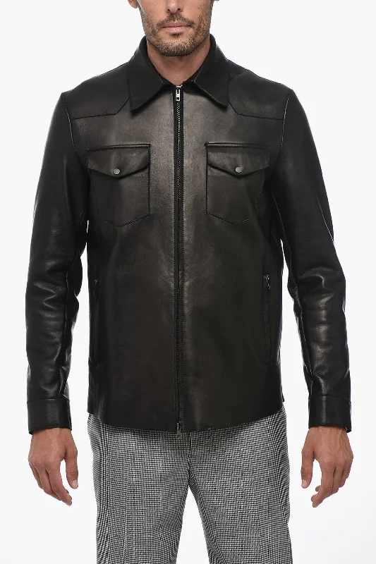 men clothing stylish outerwear-Salvatore Santoro Leather Overshirt with Pointed Collar