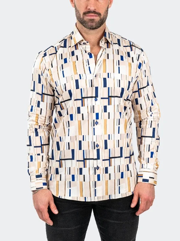 men clothing printed shirt-Border Printed Long Sleeve Shirt - Creme