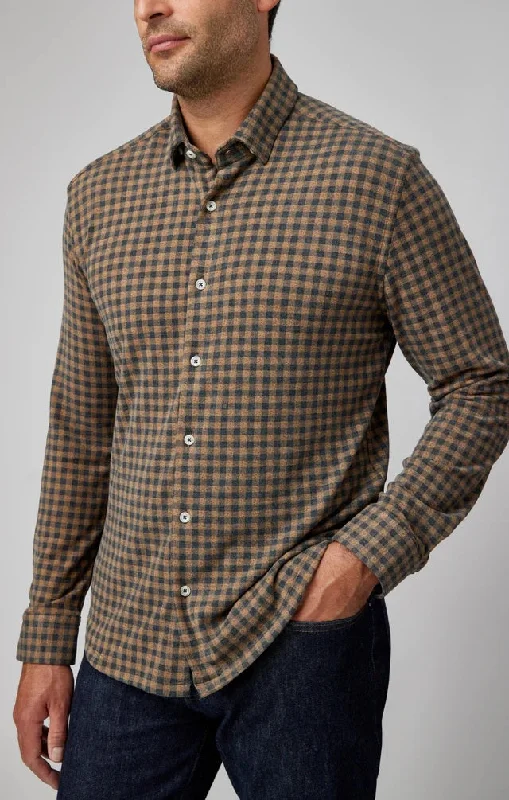 men clothing crew neck t-shirt-Brushed Jersey Fleece Long Sleeve Shirt - Brown Gingham