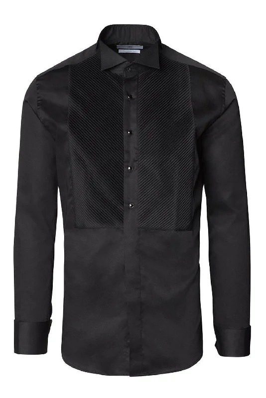 men clothing patterned sweater-Diagonal Pleated Wing Tip Collar Shirt - Black