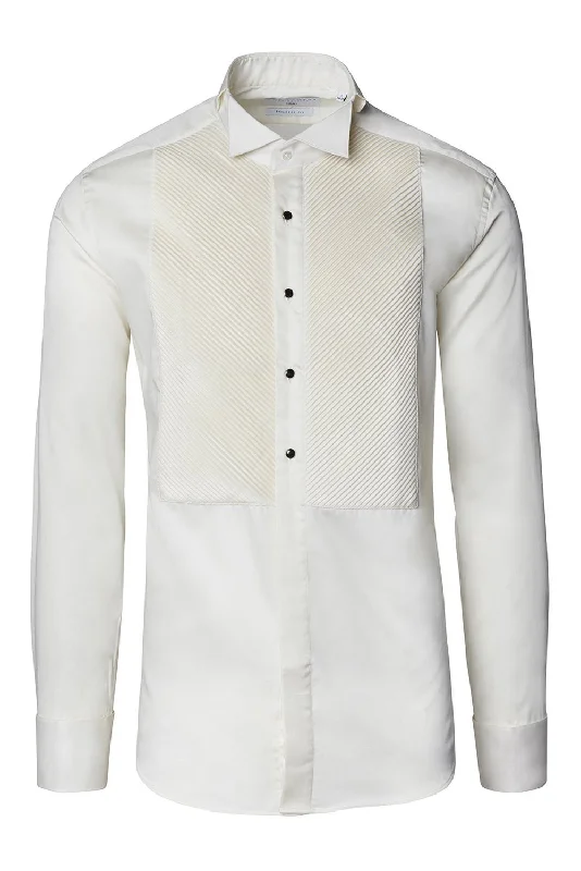 men clothing business suit-Diagonal Pleated Wing Tip Collar Shirt - Off White