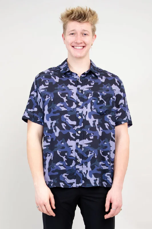 men clothing fall fashion trends-Dino Shirt, Indigo Camo, Woven Bamboo