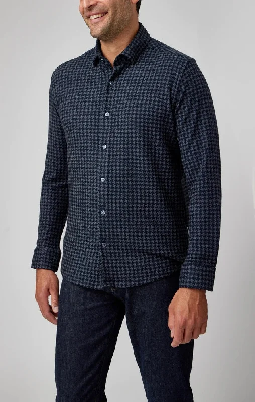 men clothing graphic t-shirt-Houndstooth Jersey Fleece Long Sleeve Shirt - Navy