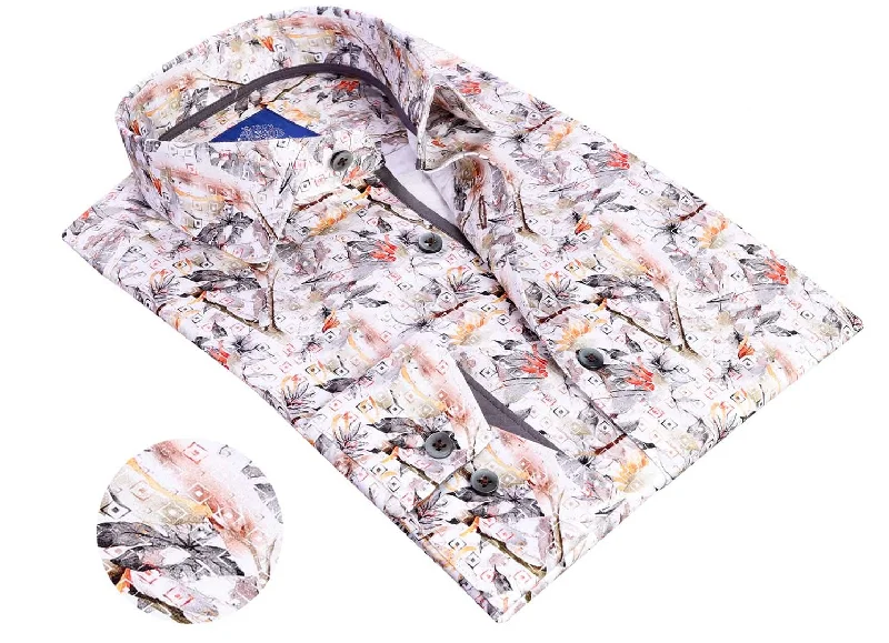 men clothing sports jacket-Leaf Print Long Sleeve Shirt - White