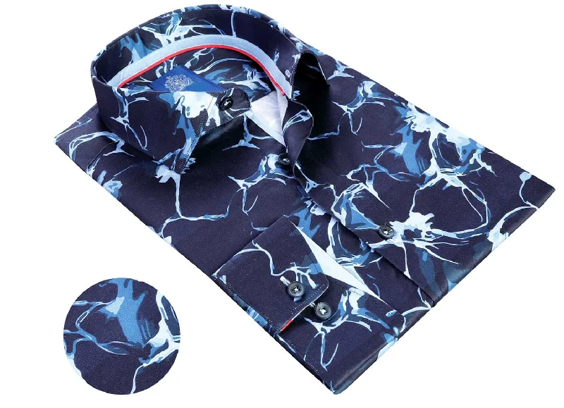 men clothing tailored blazer-Lightning Print Long Sleeve Shirt - Navy