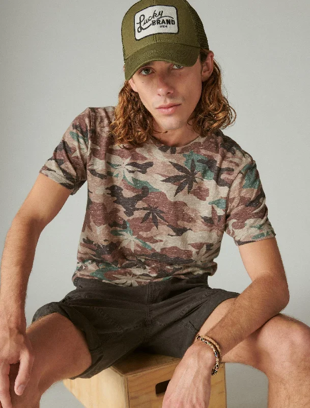 men clothing long sleeve shirt-Lucky Brand Men's Linen Short Sleeve Pocket Crew Neck Camo Leaf Tee