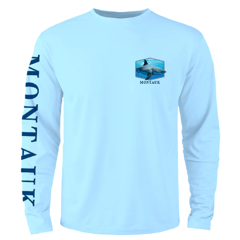 men clothing activewear hoodie-Men's Montauk Surf and Sports Montauk Shark Long Sleeve Tee