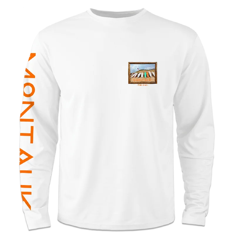 men clothing winter sweater-Men's Montauk Surf and Sports Montauk The End Vintage Surf Boards Long Sleeve Tee