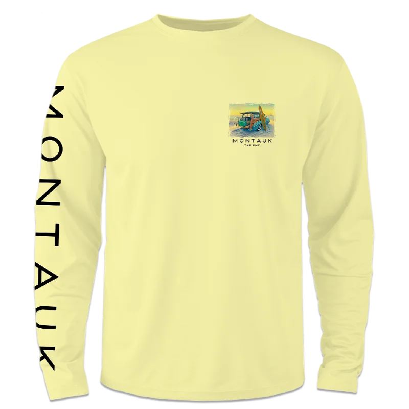 men clothing pullover sweater-Men's Montauk Surf and Sports Montauk The End Woody Design Long Sleeve Tee