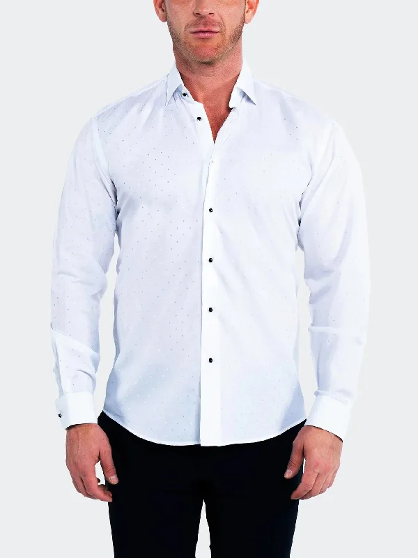 men clothing lightweight jacket-Metallic Polka Dot Dress Shirt with Jewel Buttons - White