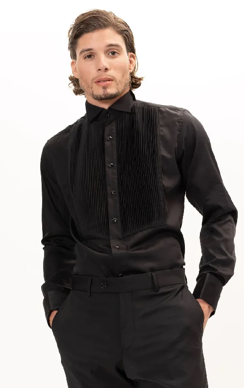 men clothing slim fit pants-Pleated Wing Tip Collar Tuxedo Shirt- Black on Black