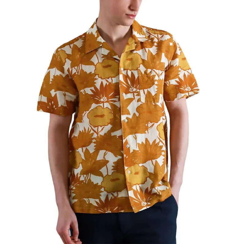 men clothing casual blazer-Selleck Short Sleeve Shirt Flower Collage Print In Honey Gold