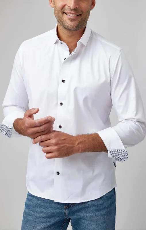 men clothing printed shirt-Solid Woven Dry Touch Long Sleeve Shirt - White