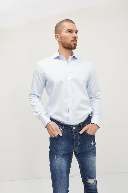 men clothing tailored pants-Spread Collar Dress Shirt- Light Blue