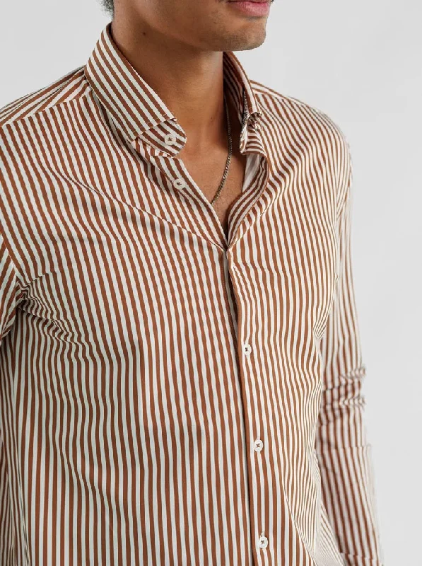 men clothing polo shirt-Techno Stretch Striped Long Sleeve Shirt - Tan